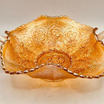 Marigold & Grapes Ruffled Carnival Glass Bowl w/Handles
