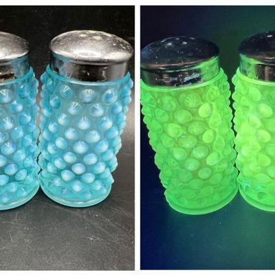Pair of Fenton Blue Opalescent Hobnail Shakers with UV Glow
