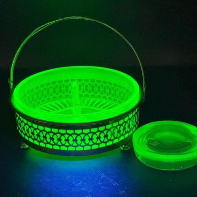 Uranium Glass Divided Condiment Dish & Trinket Dish/Salt Cellar

