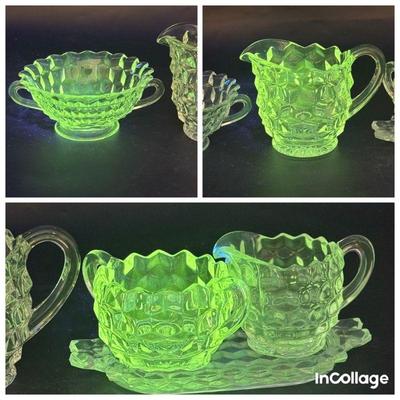 Fostoria Creamer, Sugar, & Tray Set & (2) Clear Dishes (UV Reactive)
