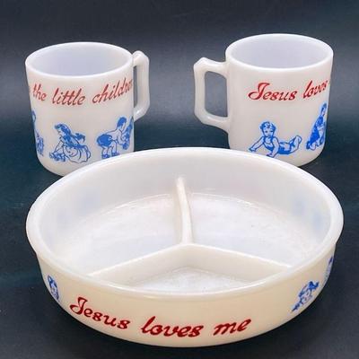 (3) 1950's Hazel Atlas “Jesus Loves the Little Children Milk Glass
