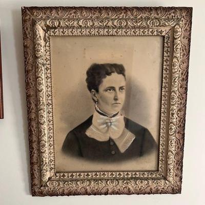 Large Antique Family Portrait of a Woman in Ornate Frame
