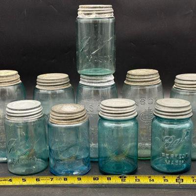 (10) Antique Blue Metal Top Canning Jars
