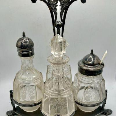 Rogers & Bros Triple Silver Plate Cruet Set with (4) Glass Bottles
