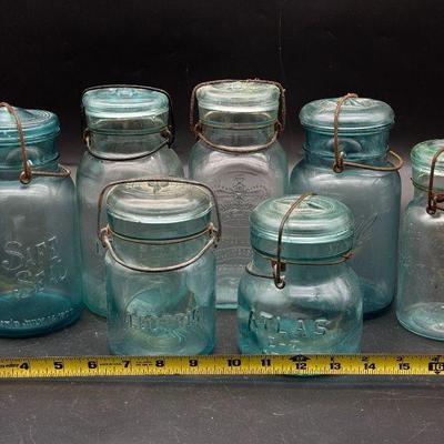 (7) Antique Blue Glass Top Canning Jars
