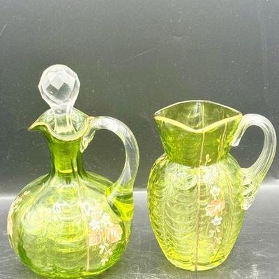 Gorgeous Painted Green Cruet & Pitcher

