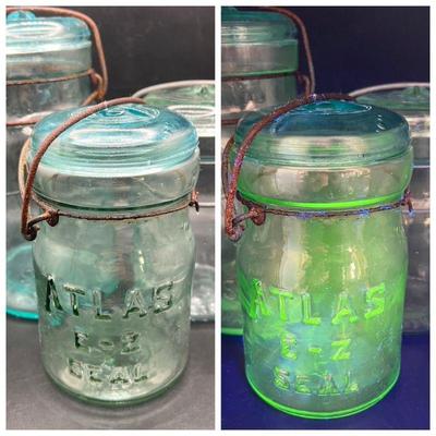 Blue Atlas E-Z Seal Jars with Ultraviolet Glow in Black Light
