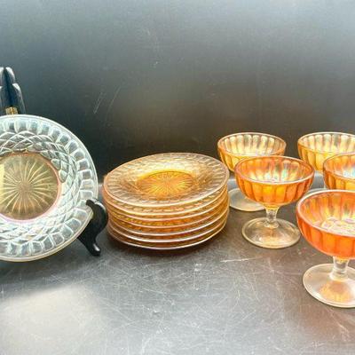 Vintage Marigold Carnival Glass (8) Plates (5) Cups
