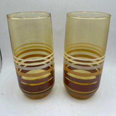 (2) MCM Anchor Hocking Glass Vintage Fiesta Amber Striped Tumblers
