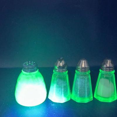 (4) Uranium Glass Salt and Pepper Shakers feat. Hazel Atlas
