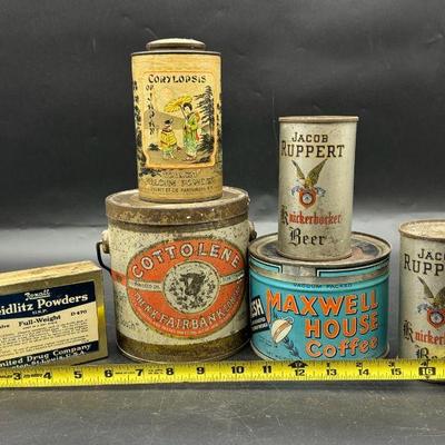 (6) Vintage Kitchen Containers Feat. Full Rexall Seidlitz Powders Tin
