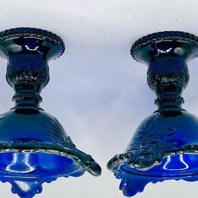(2) Vintage Westmoreland 4 1/4” Cobalt Glass Candlesticks
