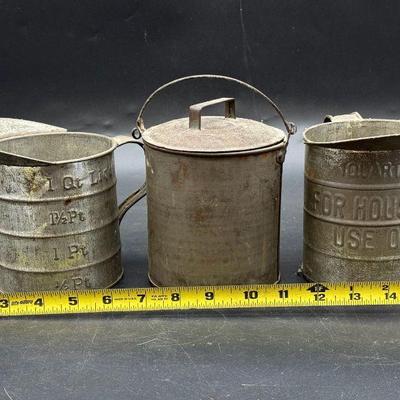 (3) Vintage Tin Measuring Cups & Bucket
