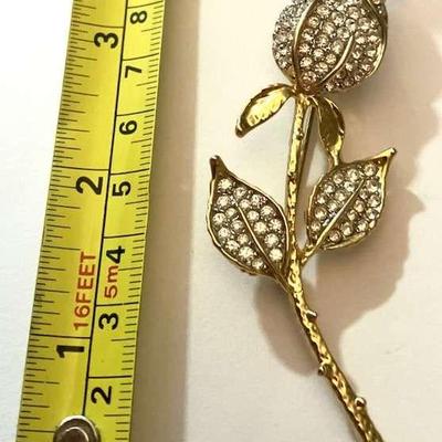 Gold Tone & Rhinestone Rose Pin
