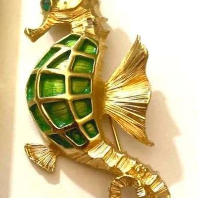 Gold Tone Seahorse Pin signed

