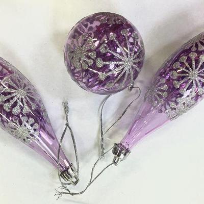 Three (3) Purple & Silver Glass Ornaments
