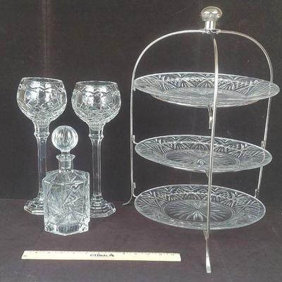 Three Tier Crystal Server, Decanter And 2 Tall Wine Glasses