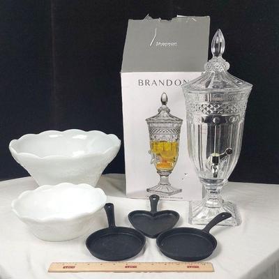 Anchor Molded Milk Glass Bowls, Brandon Crystal Beverage Dispenser, Cast Iron