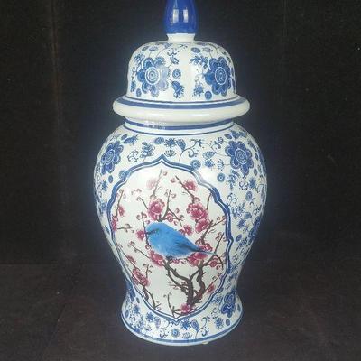 Large Asian Chinoiserie Cherry Blossom & Bird Ceramic Ginger Jar