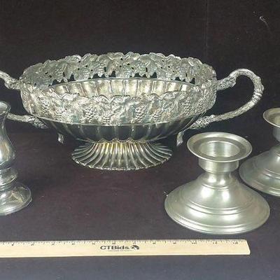 Decorative Metal Bowl With Grape Motif Candlestick Holders One Pair And Single Holder