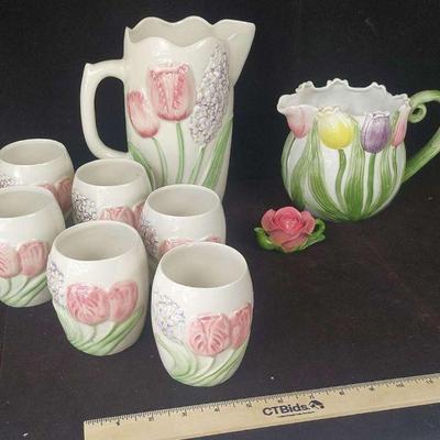 Flowery Set with Flower Pitcher, Small Roses Decorative Teapot