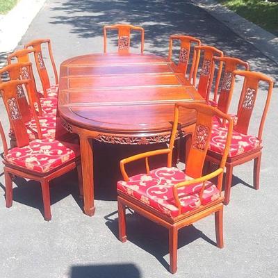 Magnificent Ming-Style Dining Table Set. Intricate Hand-Carvings Includes 10 Chairs and 3 Leaf's.