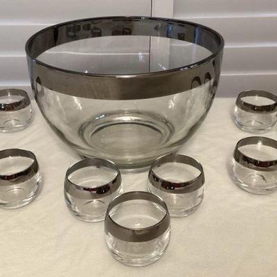 MMB180 Vintage Dorothy Thorpe? Silver Rimmed Roly Poly Punch Bowl & Glasses