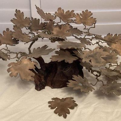 MMB165 Mid-Century Modern Metal Bonsai Tree Sculpture On Burlwood Base