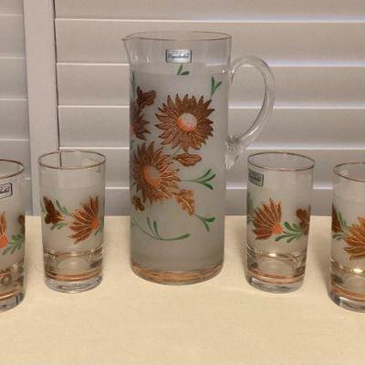 MMB154 Vintage Bohemia Hand Painted Glass Pitcher With Matching Cups Set New