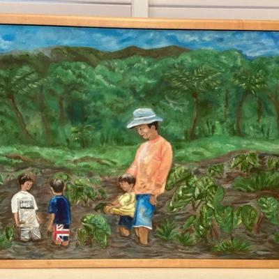 MMB126 Framed Original Painting Of Keiki & Father In A Kalo Patch