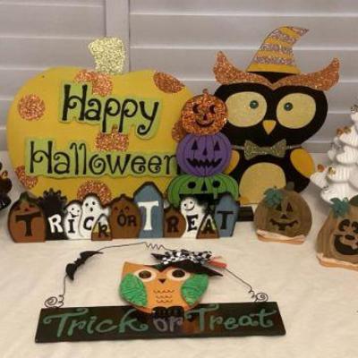MMB115 Two Lighted Ceramic Halloween Trees & Wooden Halloween Decor