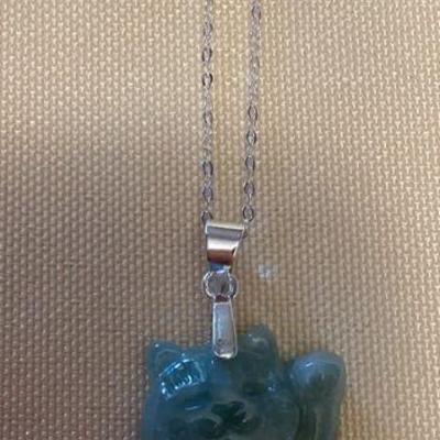 MMB024 Lucky Neko Cat Jade Pendant On Sterling Silver Chain New
