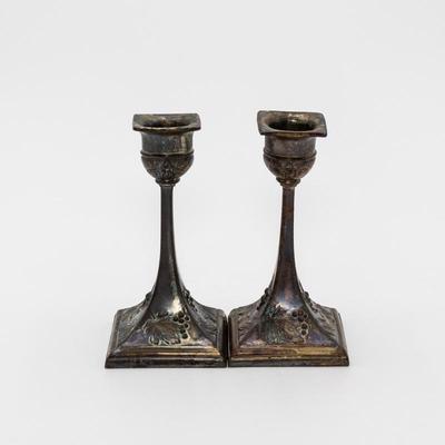 Pair of 1900s Antique Pewter Gilt Candle Holders