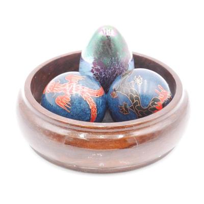Baoding Meditation Balls, Wooden Dish & Art Glass Egg
