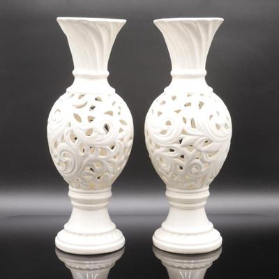Pair of Ceramic Pierced Scroll Vases