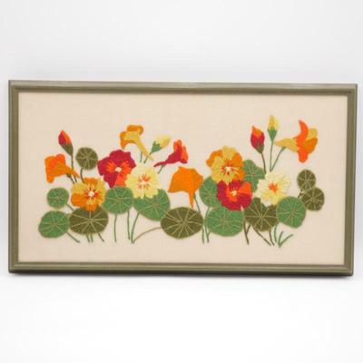 Vintage Emboidered Flowers Artwork In Wooden Frame
