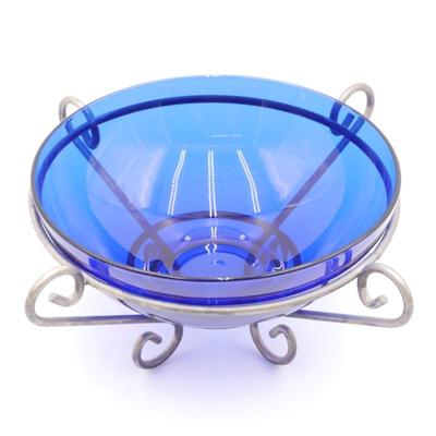 Cobalt Blue Glass Bowl w/Metal Stand