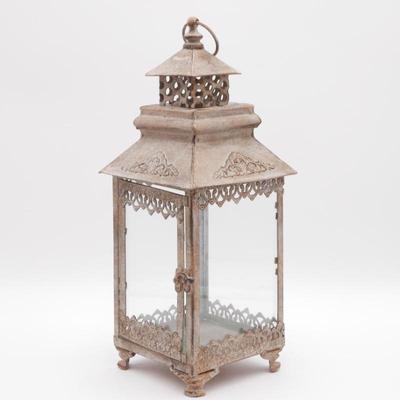 Distressed Metal Lantern w/Glass Panels