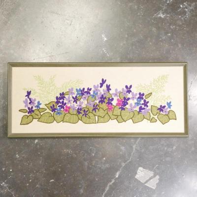 1960's Emboidered Flowers Artwork In Wooden Frame