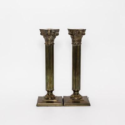 Pair Of 2 Castilian Imports Brass Corinthian Greek Revival Candle Holders