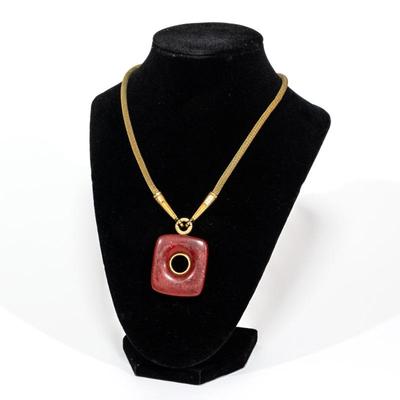 Crown Trifari Red Lucite Pendant Gold Tone Mesh Chain Necklace