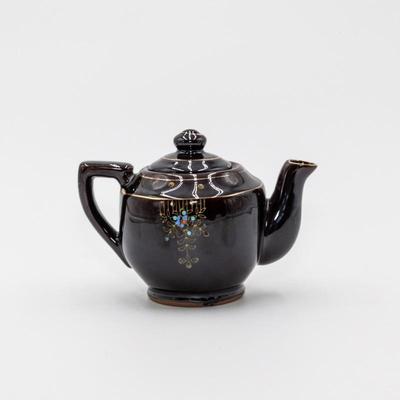 Ceramic Hand Painted "Brown Betty" Teapot Brown Glazed Floral Design