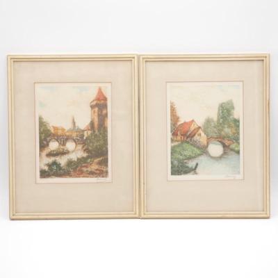 Pair Of Framed Etchings French Village By Bouvray