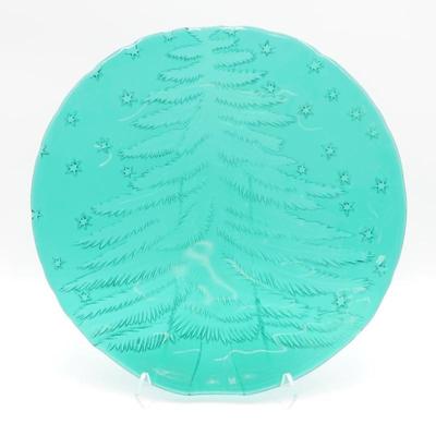 Teal Glass Christmas Tree Serving Platter