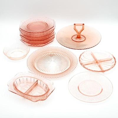 Pink Depression Glass Serveware Set - 16 pieces