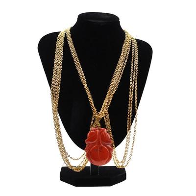 Gold Chain and Red-Blood Carved Flower Pendant
