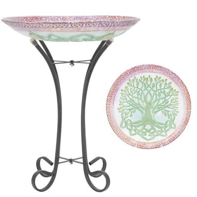 Tree of Life Glass Birdbath Bowl & Stand