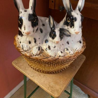 Metal Stool and Ceramic Bunnies