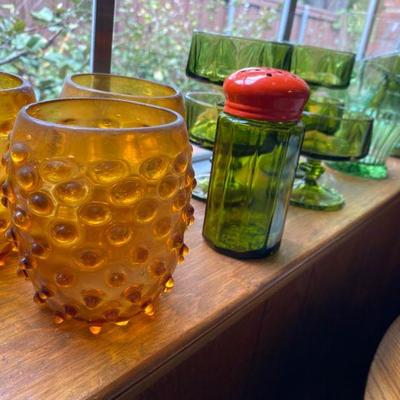 Murano hand blown Amber Colored hobnail drinkware and Olive Green Stemware, midcentury, Indiana Colony Nouveau, ice tea, water, sherbet...
