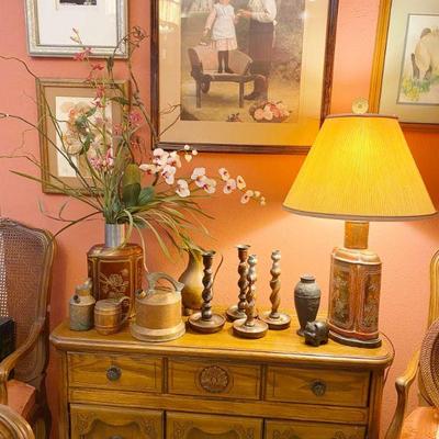  Oak Server Buffet, Old Antique Copper Pieces, Antique Burlwood Candle Sticks, Artwork, Decoratives